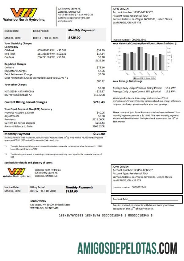 Em branco modelo de conta de serviços públicos hidrelétricos dos EUA Nevada Waterloo North em formato Word e PDF